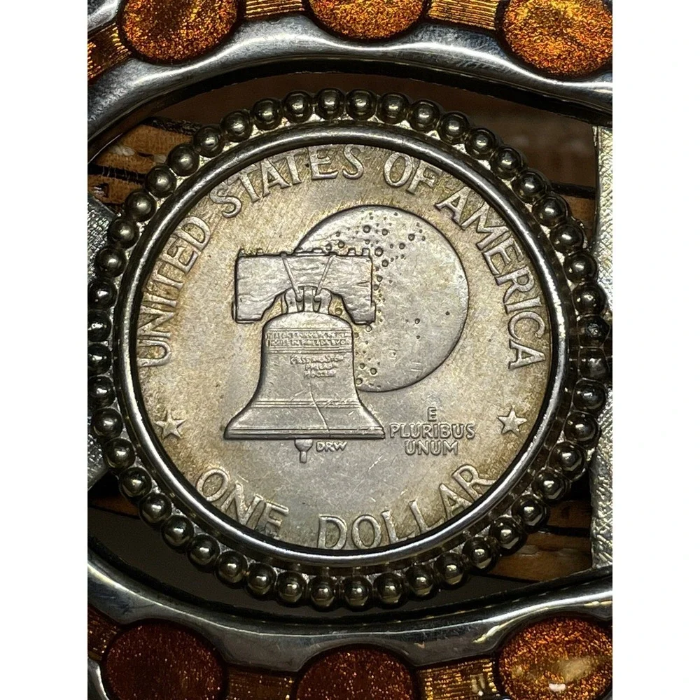 Vintage Western Leather tooled  belt horseshoe USA Dollar Coin  Buckle Sz 32